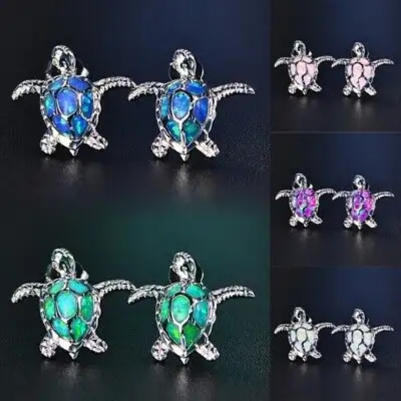 Blazing Blue Fire Opal Sea Turtle Earrings - Picture 9 of 12